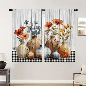 2pcs Vintage Wood Grain Vase Floral Decorative Curtains with Rod Pocket, Printed Light Filtering Kitchen Living Room Bedroom Curtains Foldable Colorful Divider