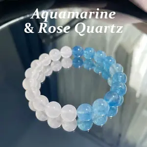 Natural Crystal Romantic & Good Luck Energy Bracelet, Rose Quartz & Aquamarine Beaded Bracelet, March Birthstone, Enhances Love Attracts Good Fortune Healing Jewelry，Unisex, Mother's Day / Teacher's Day / Nurses' Day Gift