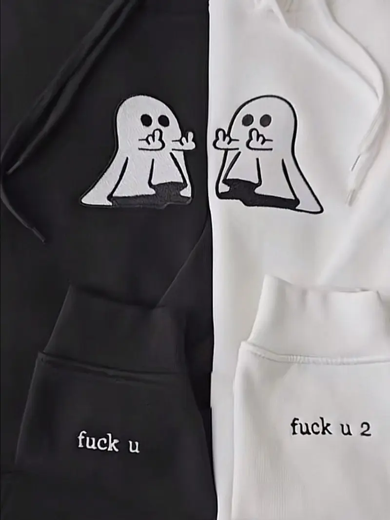 Ghost Middle Finger Hoodies, Embroidered Funny Couple Hoodie, Matching Ghost Sweatshirt, Streetwear Graphic Pullover
