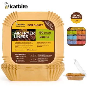 Katbite Air Fryer Liners Disposable, 150Pcs Parchment Paper, 8 Inch Non-stick Air Fryer Paper Liners with Fridge Magnet, Unbleached Square Airfryer Liners for 5-8QT Air Fryer, Baking, Roasting Microwave