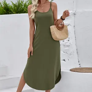 Women's Breathable Tank Dress Spaghetti Strap Side Slit with Pockets Midi Casual Beach Dress Springfresh