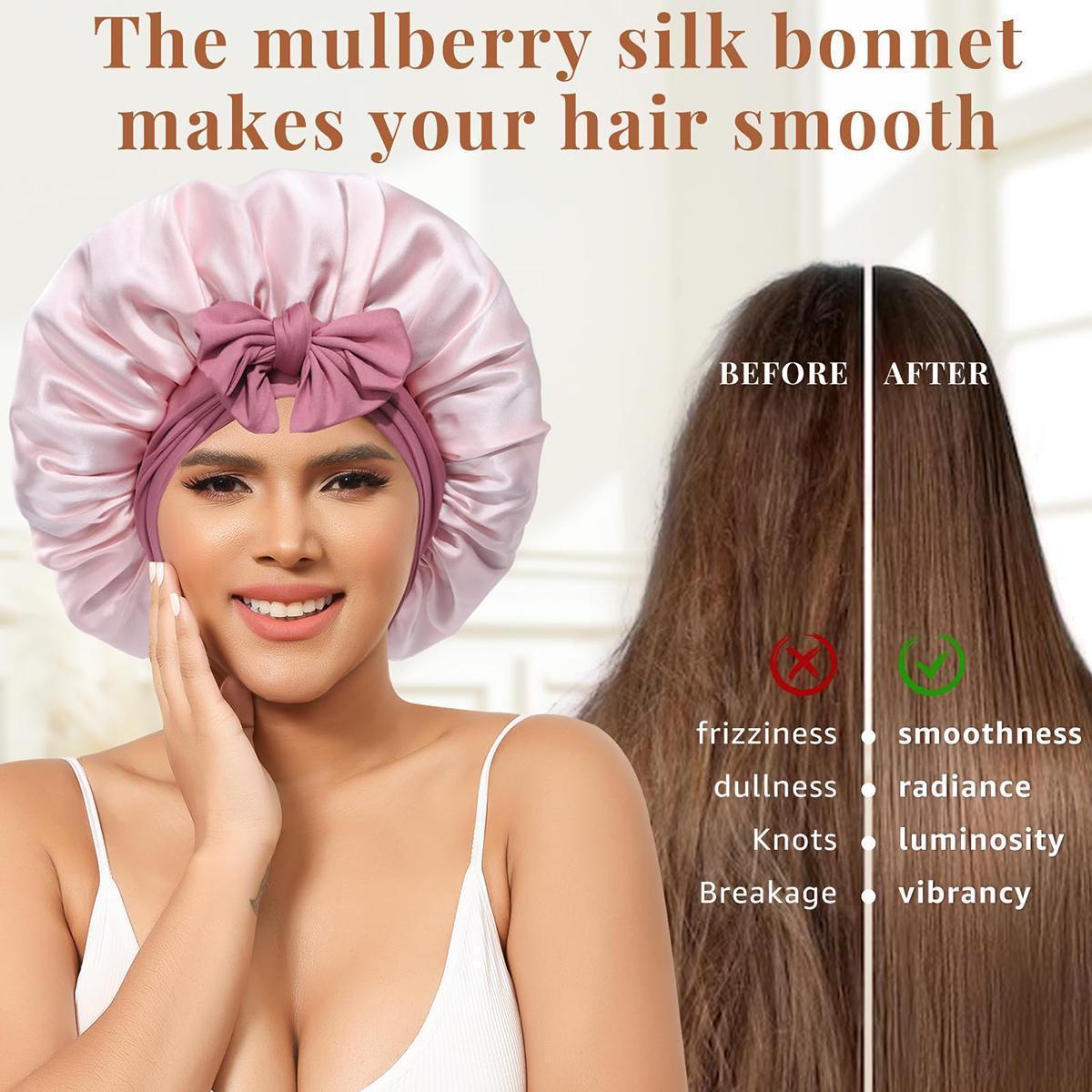 100% Mulberry Silk Bonnets for Sleeping Women Double Layer Hair Bonnet Natural Silk Cap with Elastic Tie Band Reversible Nightcap Gifts for Female