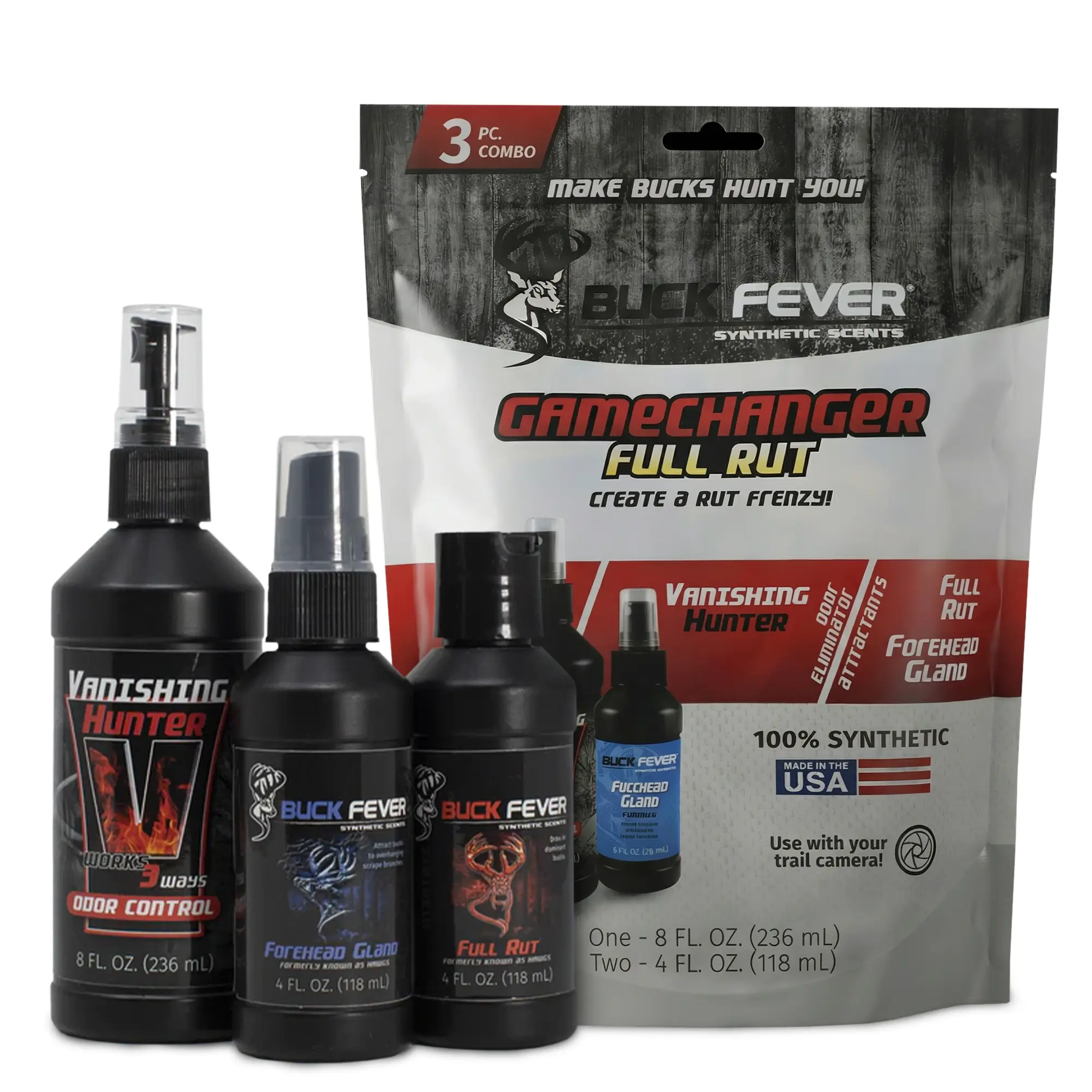 Buck Fever Gamechanger Synthetic Deer Scent 3-Piece Hunting Gear Set, 8 oz, Rut Season Use with Camo Compatibility, Odor Control That Reduces Deer-Alarming Odors, Non-Toxic, Never Spoils, Safe for Skin Application, Trail Camera Pairing, 3 Piece Sets, Use