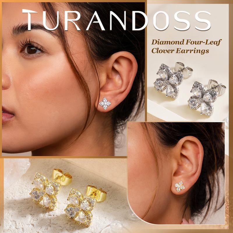 Turandoss Lucky 4-Leaf Clover Stud Earrings, 14K Gold Plated S925 CZ | Valentine’s Gift
