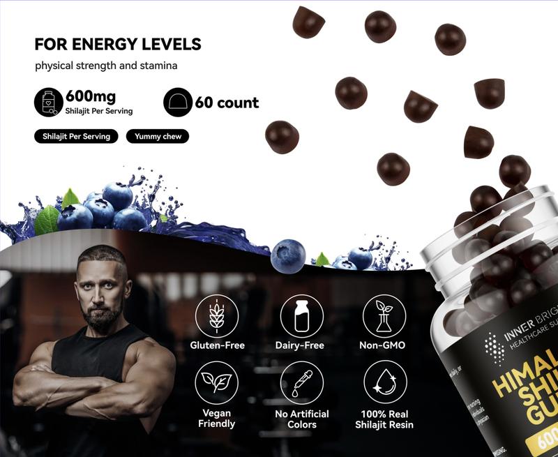 Himalayan Shilajit Gummies for Men & Women - 600mg, Non-GMO, Gluten-Free, Sugar-Free Shilajit Gummies with Fiber, for Energy, Immunity & Stamina - 60 Count
