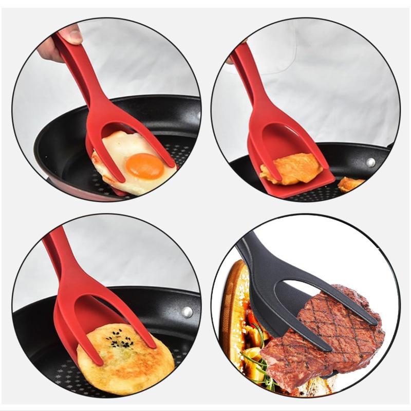 BRODARK 2-in-1 Silicone Shovel & Tweezers Tongs - Black Egg Flipper Pancake Steak Turner Omelet Maker Spatula Fish French Toast Tongs for Home Kitchen Cooking Tools Utensils
