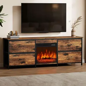 Fireplace TV Stand for TV Up to 75/80 inch, TV Stand Dresser with 4 Fabric Storage Drawers, Entertainment Center with 18 inch Electric Fireplace for Living Room, Bedroom, Rustic Brown