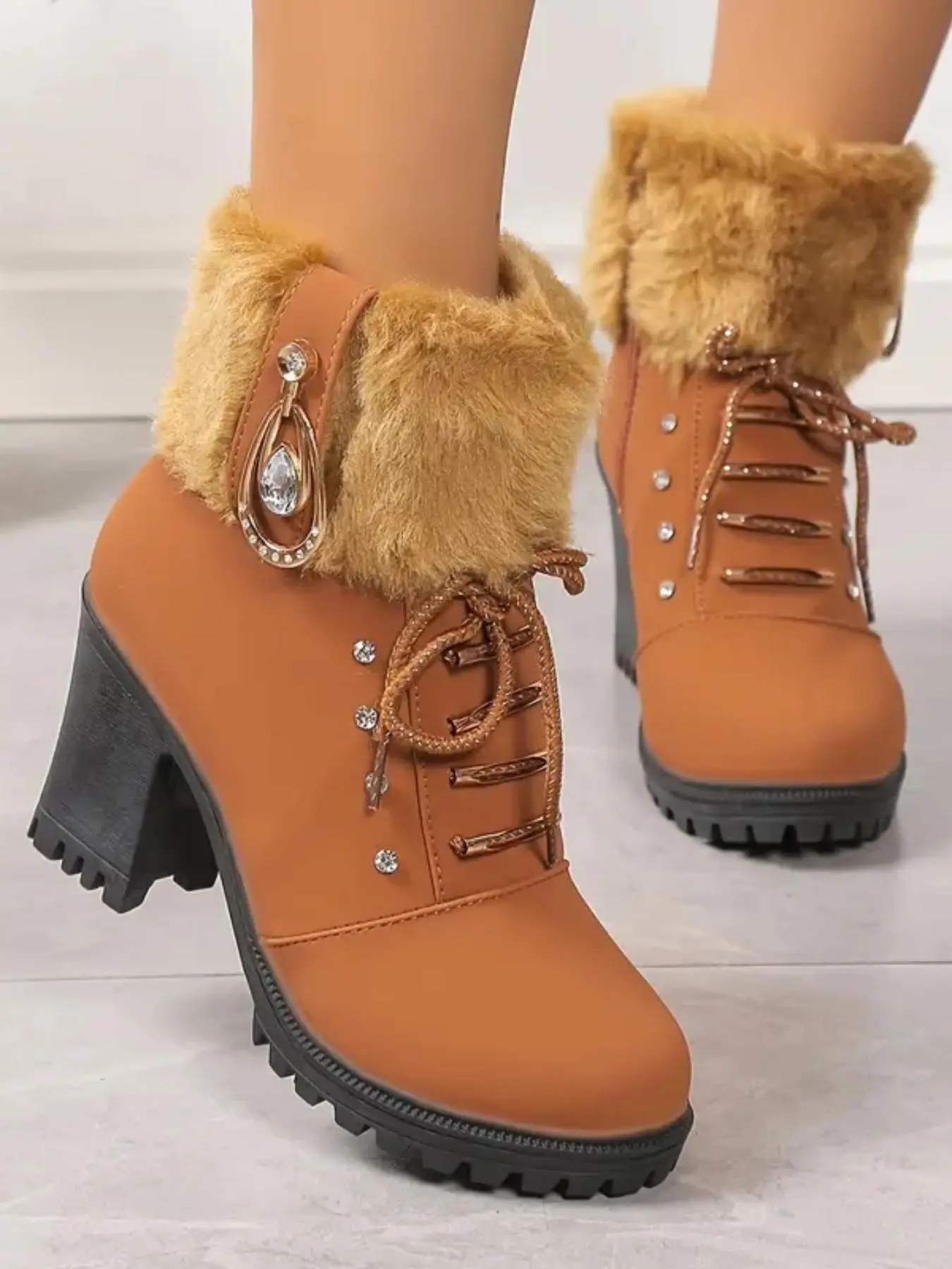 Women's Fashionable Rhinestone Decorated Plush Lining Ankle Heeled PU Leather Boots, Casual Comfortable Round Toe Boots for Fall & Winter, Female All-match Trendy Shoes for Daily Wear Winter Booties, Heeled Boots