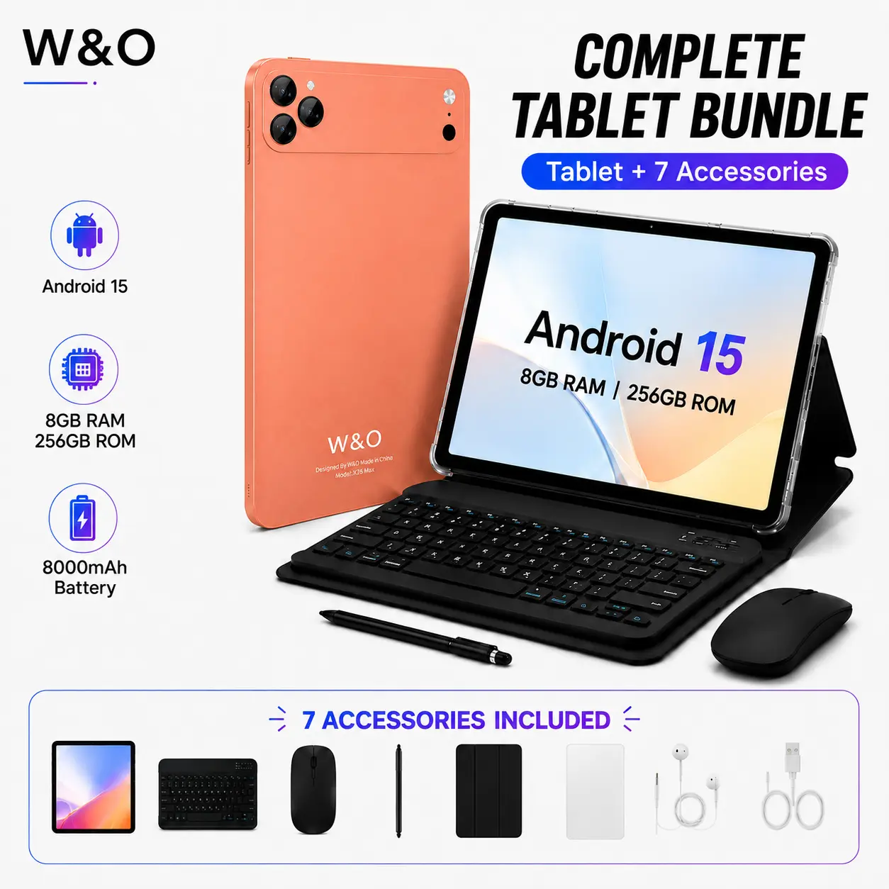 W&O X17 Ultra 7-in-1 Tablet Bundle, 10.1" Android 15 Tablet, 8GB RAM + 256GB ROM, Keyboard Mouse Stylus Case Included, 16MP Rear + 5MP Front Camera,  Portable Tablet for Students, Work, Online Classes & Entertainment cam dual back-to-school flat screen