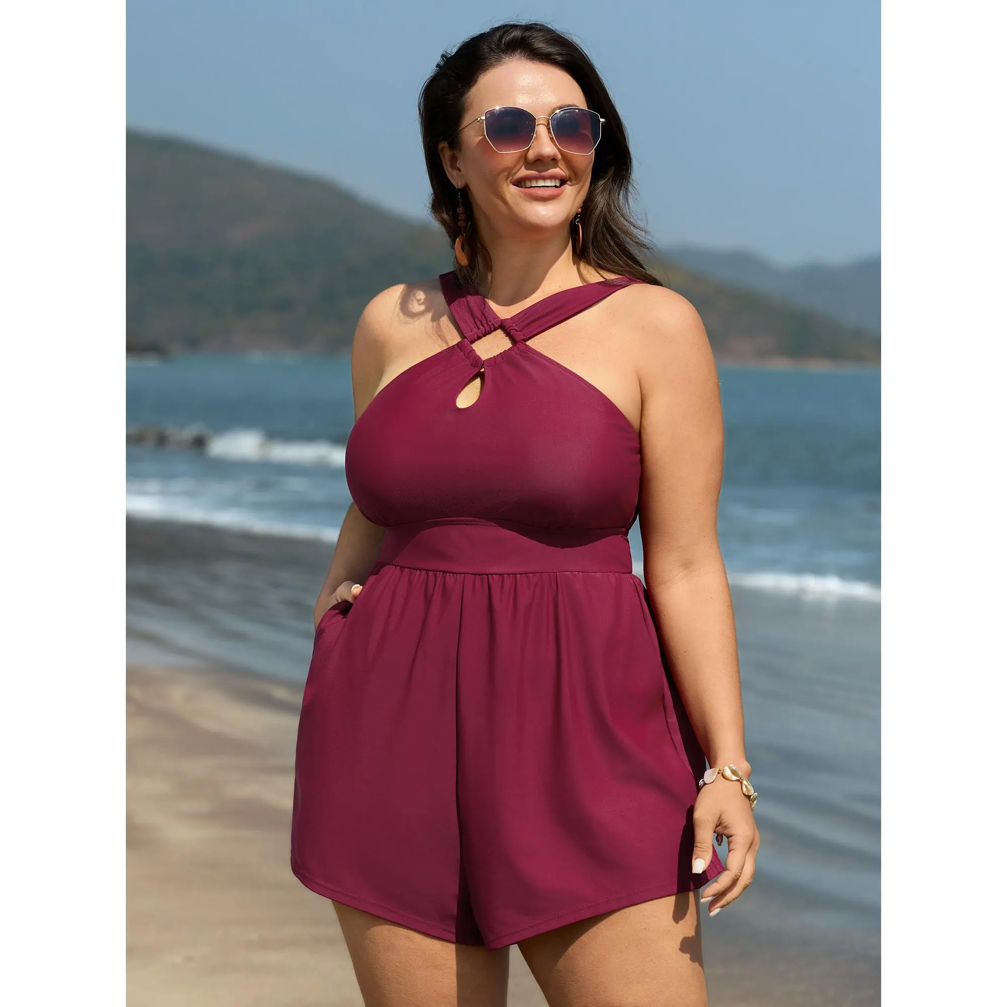 BLOOMCHIC Plus Size Tummy Control Cut-Out Neckline Cinched Waist Swim Romper [M-6X] - Body-Hugging Cutouts Women's 1-Piece, Swimsuit Beachwear, Tunic, Beach Style, ,Summerfinds