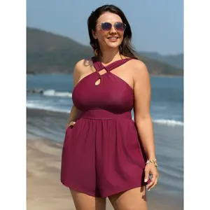 BLOOMCHIC Plus Size Tummy Control Cut-Out Neckline Cinched Waist Swim Romper [M-6X] - Shaping Swimsuit, Swimsuit Beachwear, Tummy Control Swimdresses, 2026 Summer Vibes Swimweek Spotlight Deals