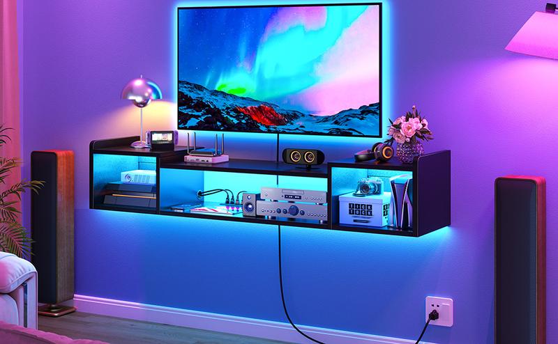 RaybeeFurniture 55"-71" W Floating TV Stand with LED Lights & Power Outlets Wall Mounted Entertainment Center with Storage Long TV Stand for Bedroom, Wood Floating TV Shelf Under TV for Living Room