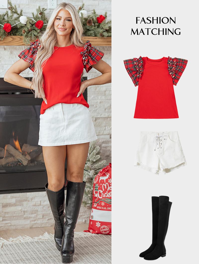 Asvivid Women's Cozy Red Plaid Top with Faux Pearl Ruffles Short Sleeve Loose T Shirt Tops,Perfect Holiday Vibe Christmas Outfit