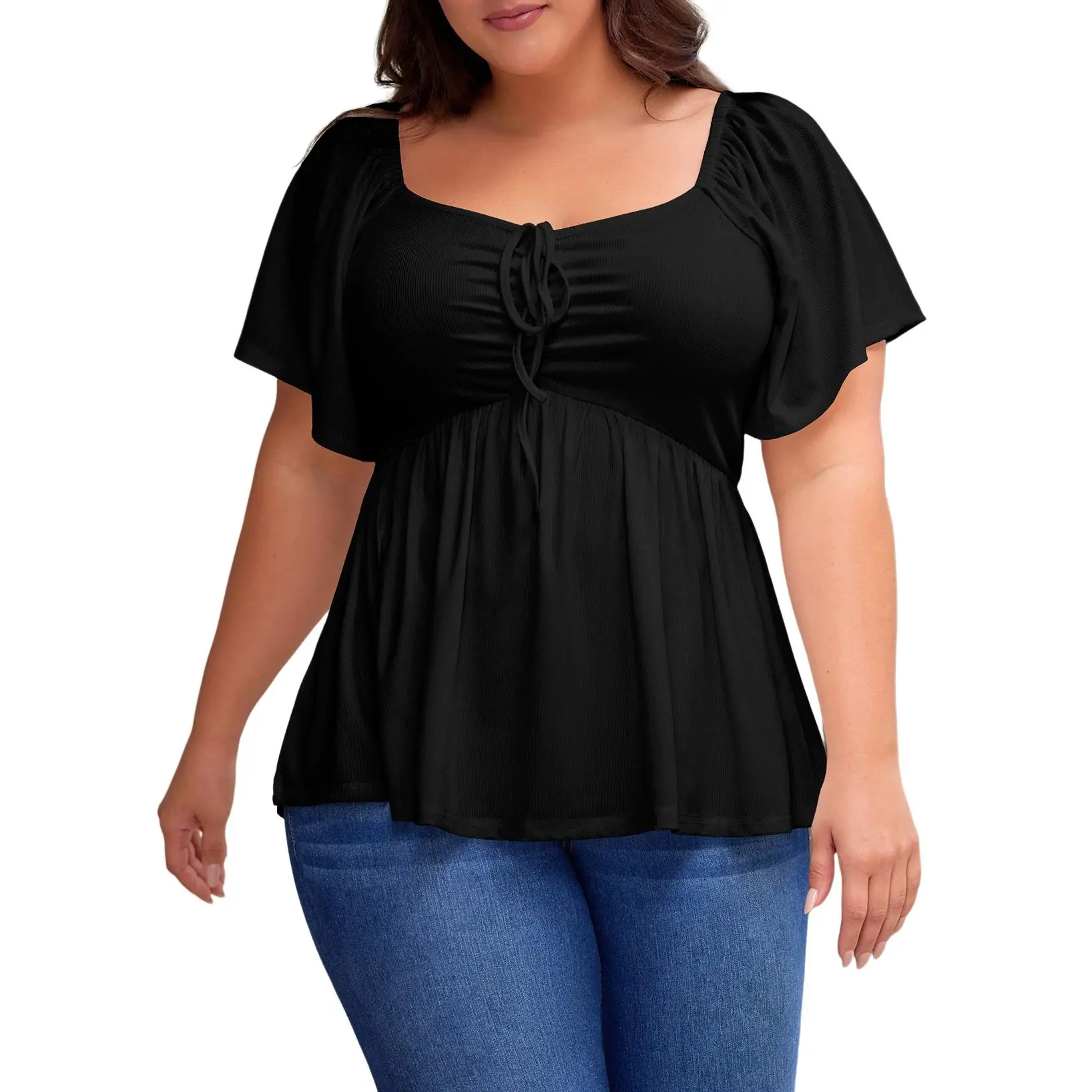 Eytino Women Plus Size Sweetheart Neck Short Sleeve Shirred Peplum Rib Blouse Tops Shirts(1X-5X)