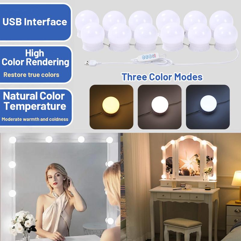 LED Vanity Lights For Mirror, Consciot Hollywood Style With 12 Dimmable Bulbs, Adjustable Color & Brightness, USB Cable, Stick on for Makeup Table Dressing Room Mirror