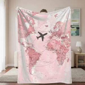 World Map Airplane Flannel Blanket Travel Journey Print Pattern Soft Cozy Lightweight Throw Blanket for Sofa Bedroom Office Adventure Decor Gift
