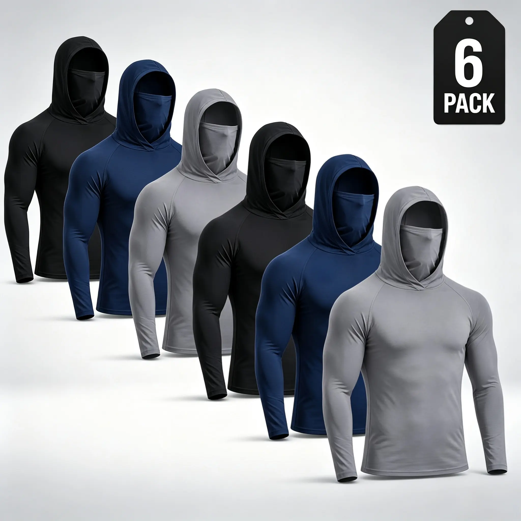 6-Pack Men's Workwear Hoodie with Built-in Face Mask, UPF 50+ Sun Protection Construction Work Shirt, Quick Dry Dust-Proof Long Sleeve Fishing Lawn Care Tops mask hoodie for work, sun protection workwear, 6 pack work shirts, breathable work hoodie