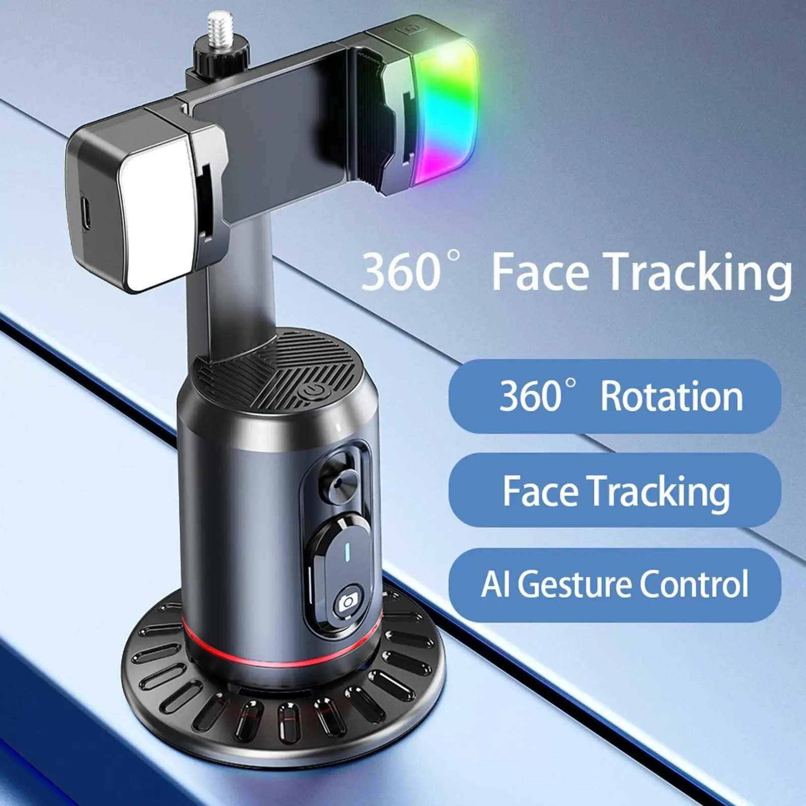AI Auto Face Tracking Bluetooth Smartphone Tripod - 360° Rotation Compact Mobile Mount, No App Required, Remote-Controlled Gimbal Stabilizer, Lights-Included Vlogging Accessories for Influencers