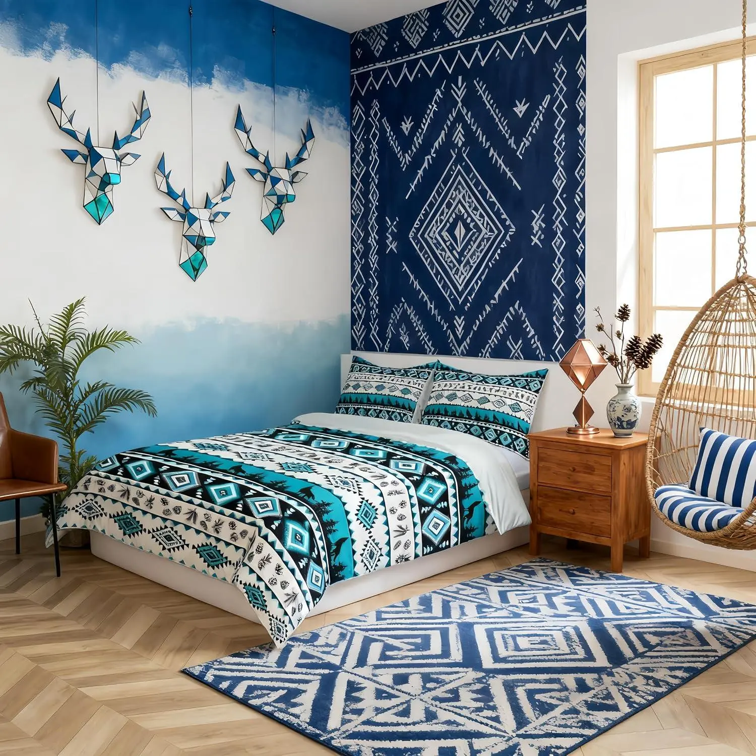 Aztec Geometric Duvet Cover Set,Southwest Tribal Ethnic Bedding Set,Wolf Rustic Cabin Room Decor,Beige Retro Quilt Cover,Pillowcases(No Comforter)
