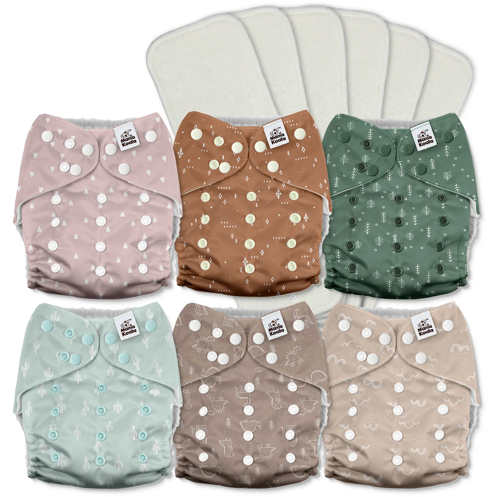 Mama Koala 3.0 Unisex 1 Size Fit Pocket Cloth Diapers for Babies, AWJ Lining, Snap Closure, 6-Pack with 6 Bamboo Poly 4-Layer Natural Inserts - Reusable, Washable (3A0001), One Size Fit
