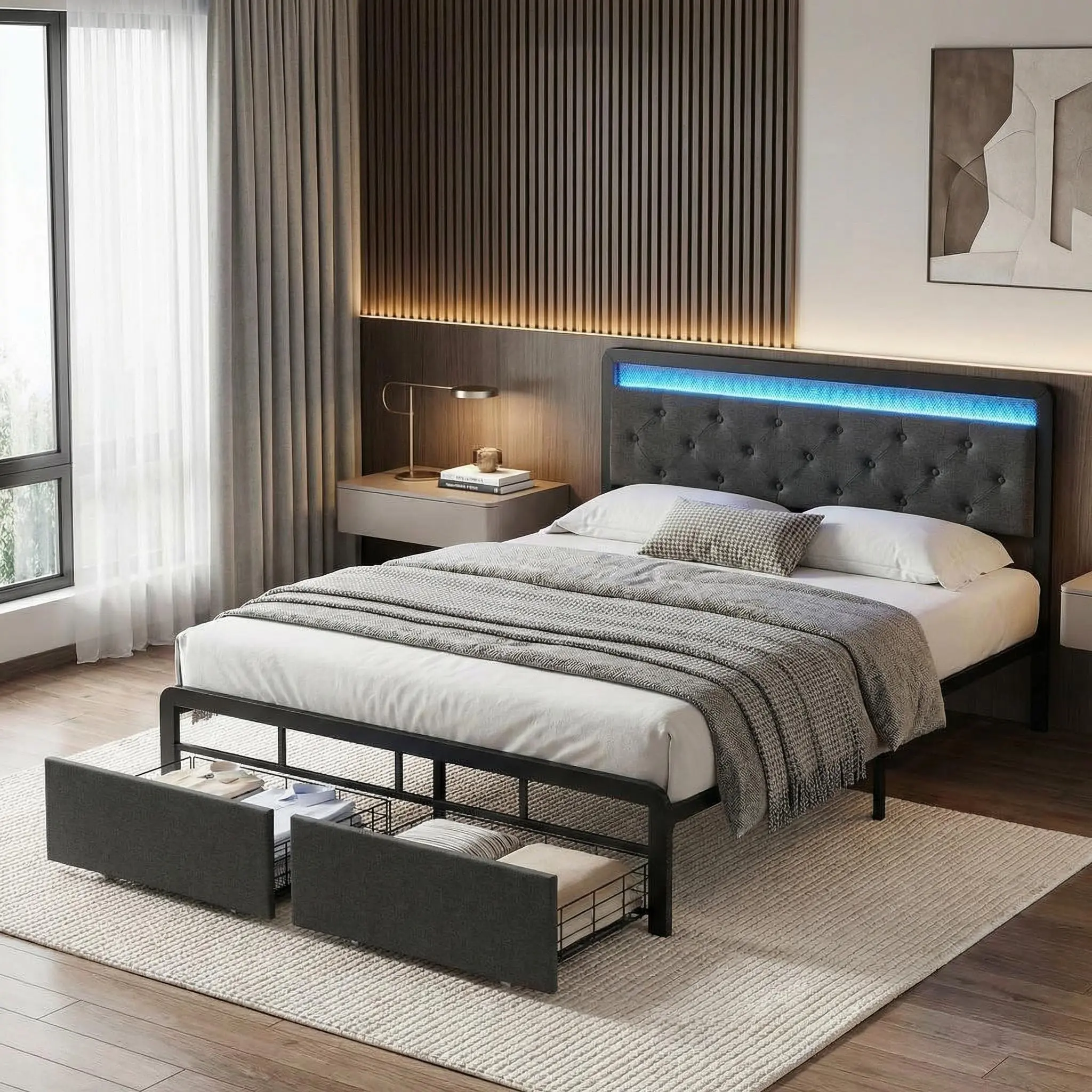 Dark Grey Full Size Sturdy Platform Bed Frame - Upholstered Modern Platform Bedframe with Button Tufted Headboard, 2 Storage Drawers, LED Lights, Strong Wooden Slats Mattress Foundation, No Box Spring Needed (Metal Bed Frames Category)