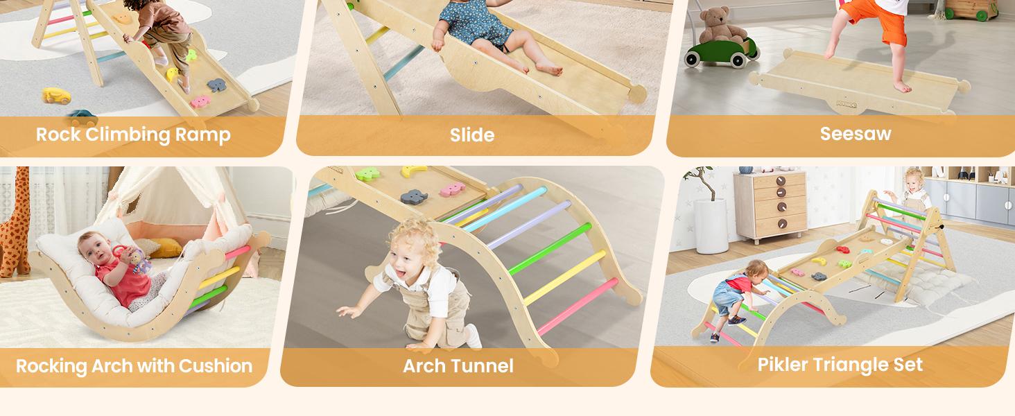 JOYMOR 9-in-1 Pikler Triangle Set with Cushion (Large), Montessori Wooden Climbing Set for Toddlers with Colorful-Patterns Rocks, Seesaw, Arch, Foldable Ladder, Ramp, Toddler Climbing Toys Indoor