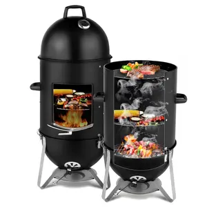 Vertical Steel Charcoal Smoker | Heavy Duty 3-Layer Round BBQ Grill, 46.8" Smokey Mountain Cooker with Thermometer & Adjustable Vents, Large Capacity for Outdoor Cooking – Black