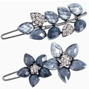 2pcs Elegant Ink-Blue Rhinestone Hair Clips for Women & - Sparkling Barrettes with Intricate Leaf-like & Teardrop Rhinestone Design, Deep Blue/Greenish-Blue Hair Accessories for Braids, Ponytails, Buns (No-Slip Clasp)