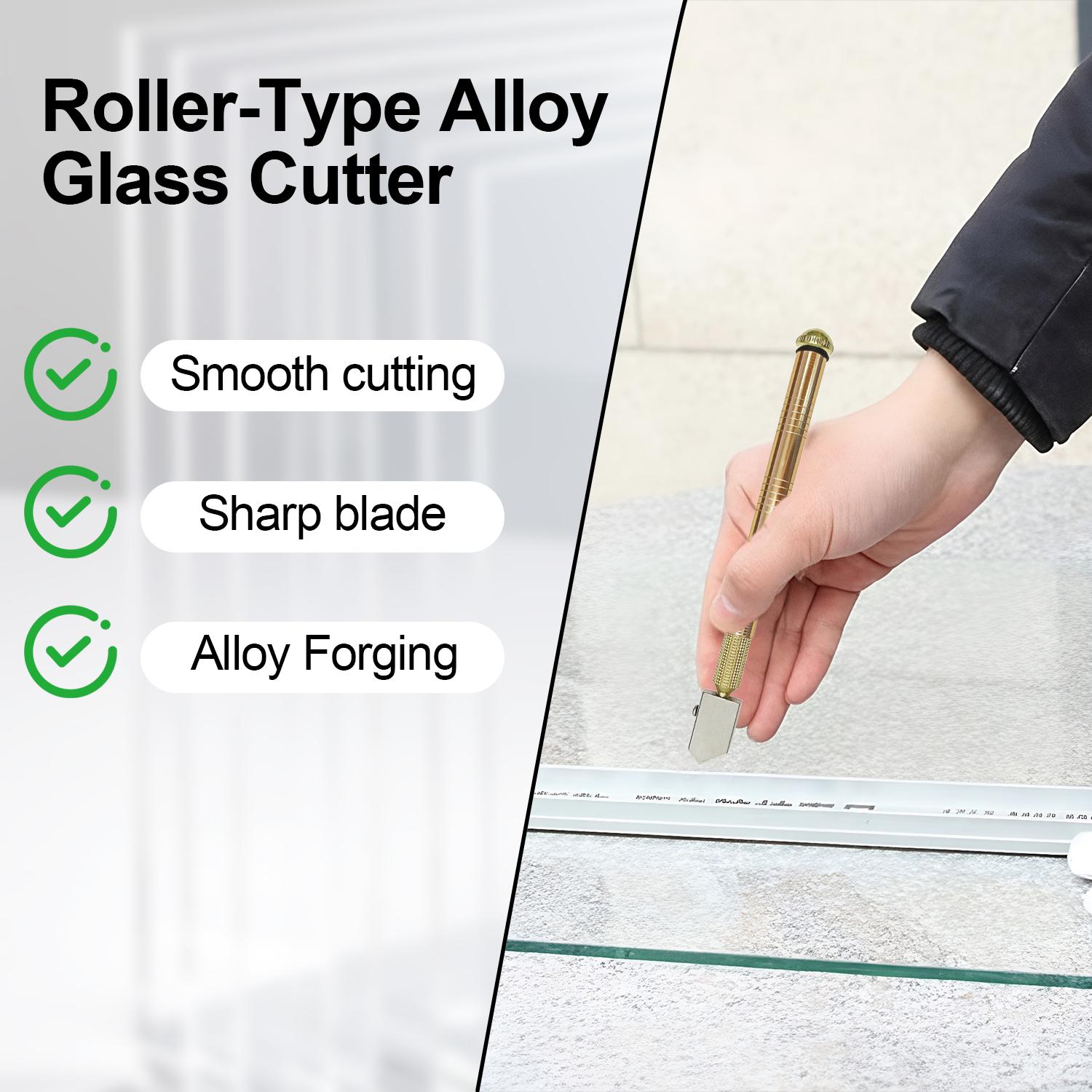 VAYWET Glass Cutter with Diamond Head & Steel Blade for 3-12mm Glass Professional Cutting, Anti-Skid Pencil Style Oil Feed Carbide Tip Golden Wheel 155mm Aluminum Metal Handle 3MM ALLOY LARGE WHEEL Work Tiles Mirror Cutting Hand tools