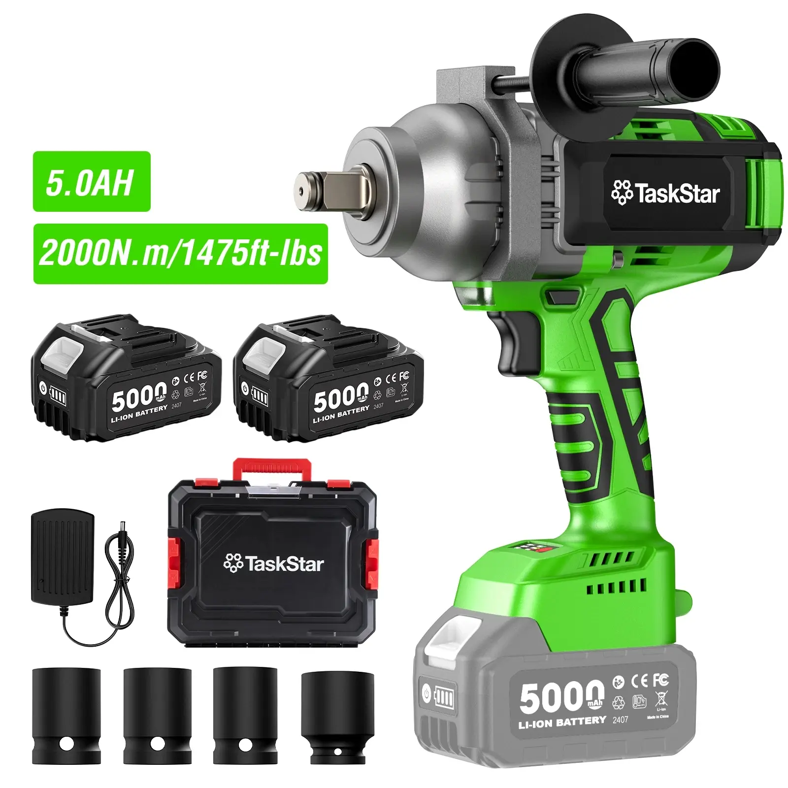 Taskstar 3/4" 2000Nm 1475ft-Lbs Cordless Impact Wrench With 2x 5.0AH Battery &Charger, Heavy Duty Electric Impact Driver For Truck Mower Car Repair, Heavyduty Repair, For Truck Maintenance, DIY, Best Christmas Gift For Man