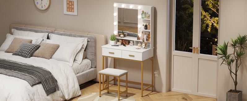 Lifewit 31.5"/35.4"/38.6" Vanity with Mirror, Adjustable Brightness, Makeup Desk with 2 Drawers & Stool for Bedroom Bathroom Makeup Room Mothers Day Gifts