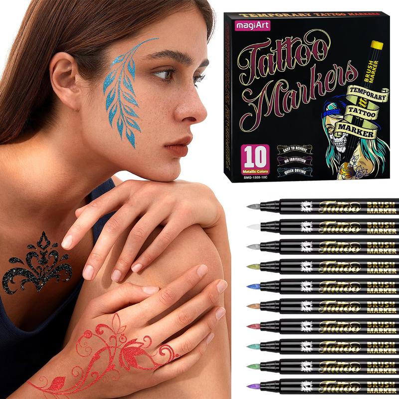 Temporary Tattoo Markers for Skin, 10 Count Body Markers 10 Color Tattoo Pens, Flexible Brush Tip, Bright Colors, Cosmetic Quality Face Paint Kit, Perfect Valentines Gifts
