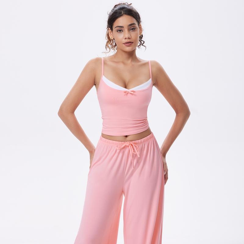 OQQ Women’s Loungewear Pajama Set – Chic Deep V-Neck Cami Top With Bow & Relaxed Drawstring Pants Sleepwear Sets