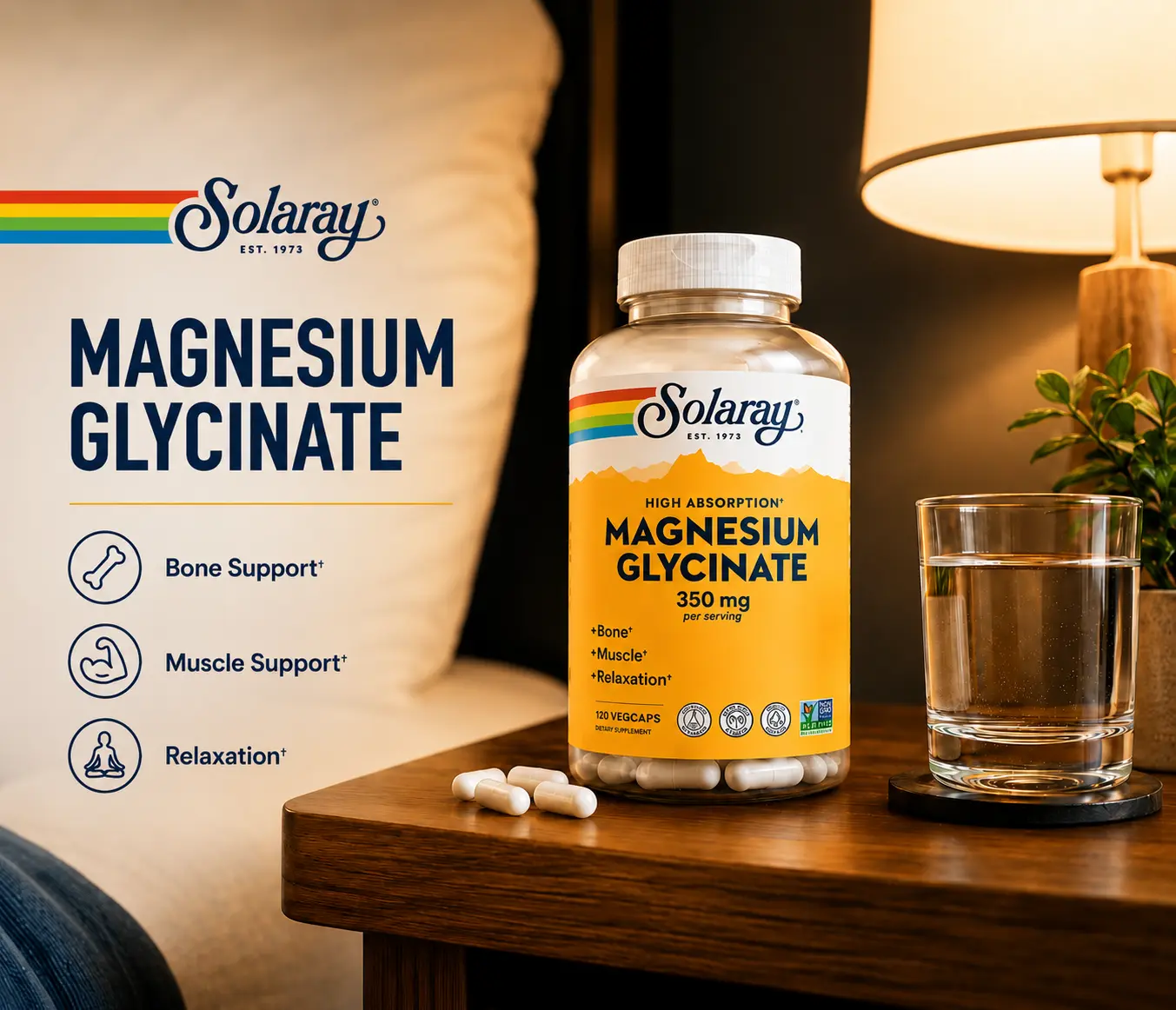 Solaray Magnesium Glycinate 350mg 120ct & 240ct — Chelated Mag for Sleep + Bone