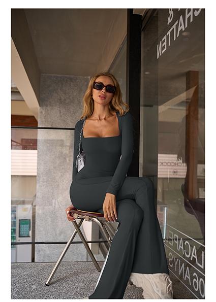 HYZ Women's Fall Long Sleeve Square Neck Wide Leg Yoga Party Daily One Piece Jumpsuit Womenswear Overalls Nylon Comfort