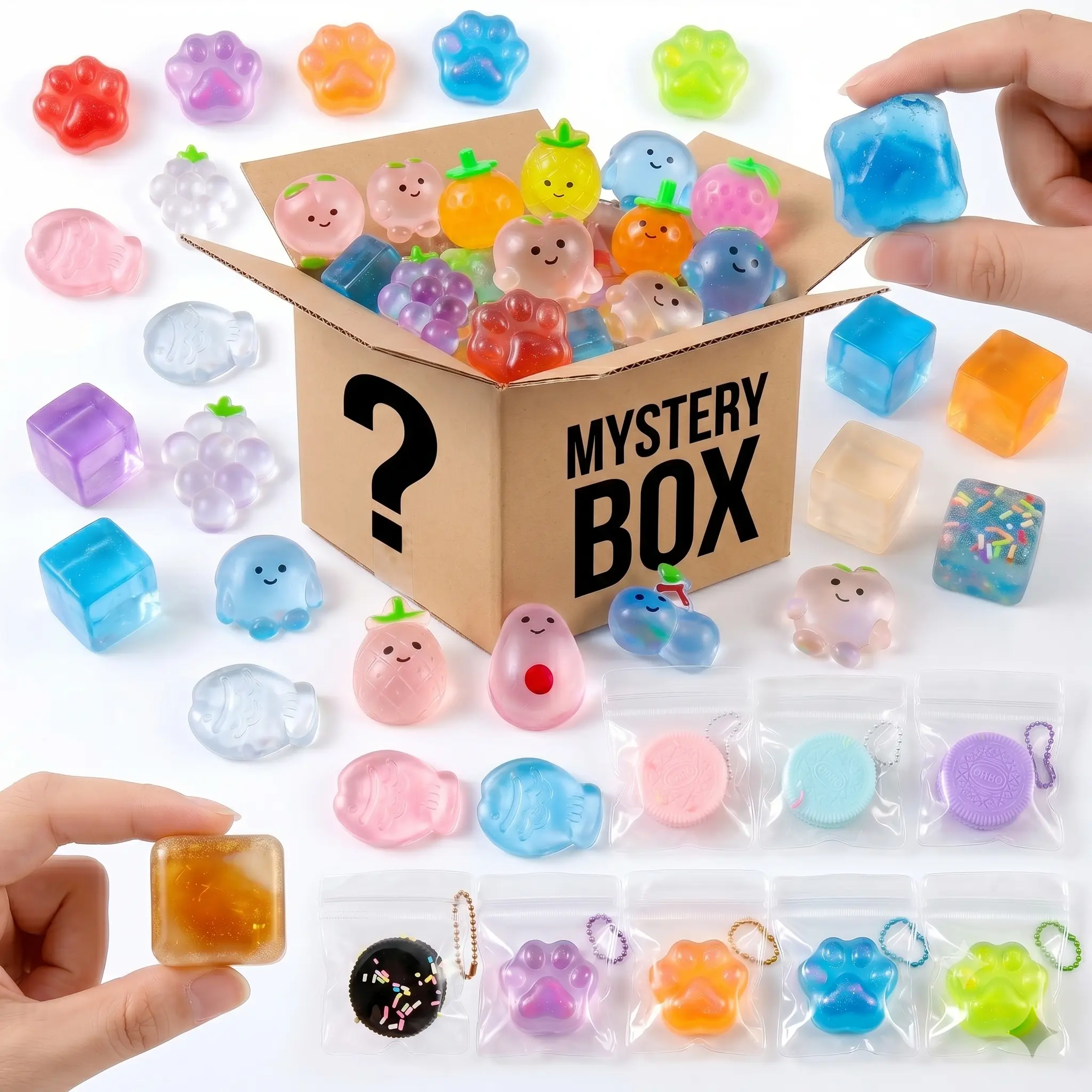 Kawaii Mystery Blind Box Mochi Squishy Toys! Cute Fidgets Bear Strawberry Cat Paw Banana Crystal Duck Ice Block Sea Bream Antistress Relief, Total:25 Different Items | Each Design Equal Probability = 4% | No Rare/No Hidden | All Items Same Value