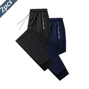 2Pcs Ice Silk Sports Pants Drawstring Elastic Design with Zippered Pockets Thin High-Elastic Quick-Dry Fitness Trousers Skin-Friendly Smooth Soft Fabric Suitable for Indoor Sports Summer Outdoor Sports Breathable Activewear Bottoms