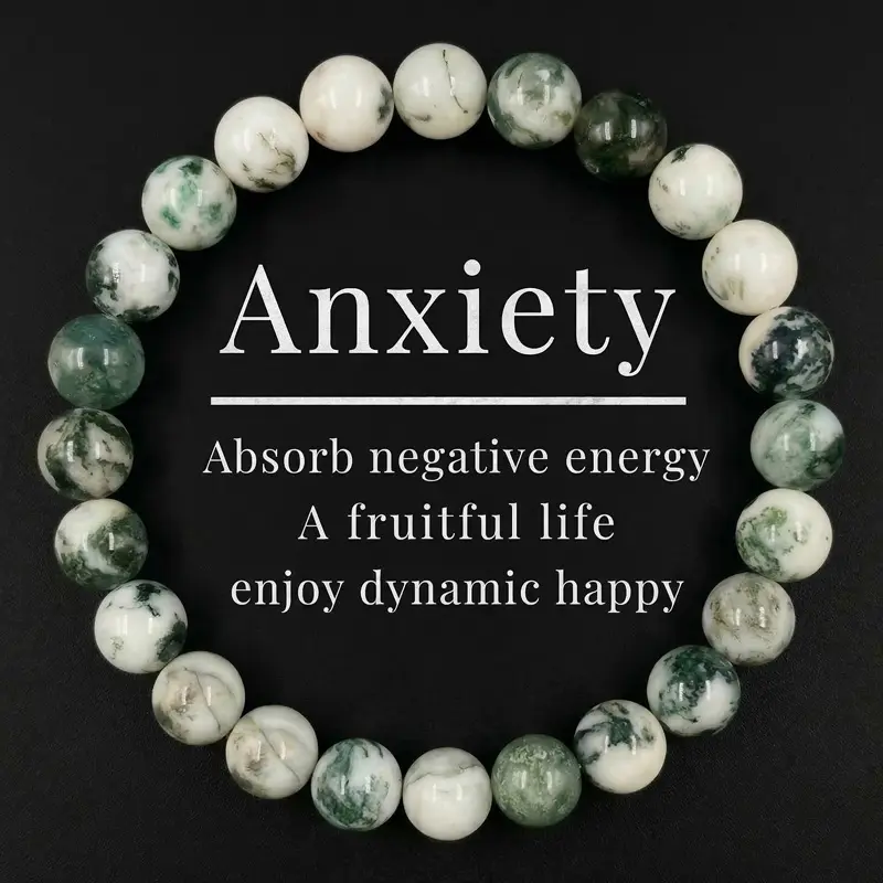 Natural Green Agate Bracelet 8mm Round Beads Crystal Bracelet for Women Men, Anxiety Relief Stones for Grounding & Emotional Balance Jewelry, Gift for Her/Him backtoschool