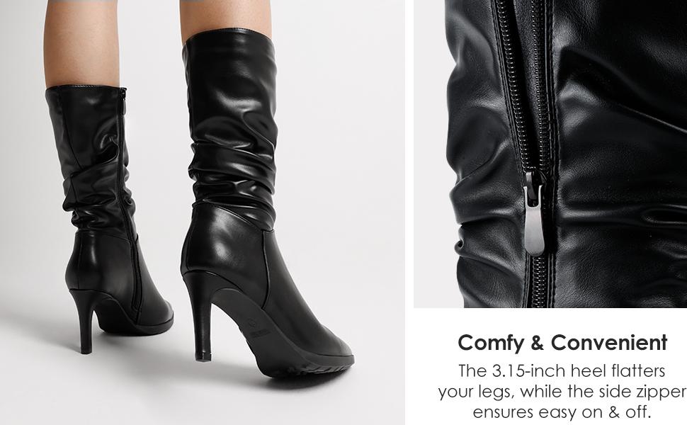 DREAM PAIRS Women's Mid Calf Slouchy Boots Pointed Toe Heeled Boots Zip Fashion Dressy Boot