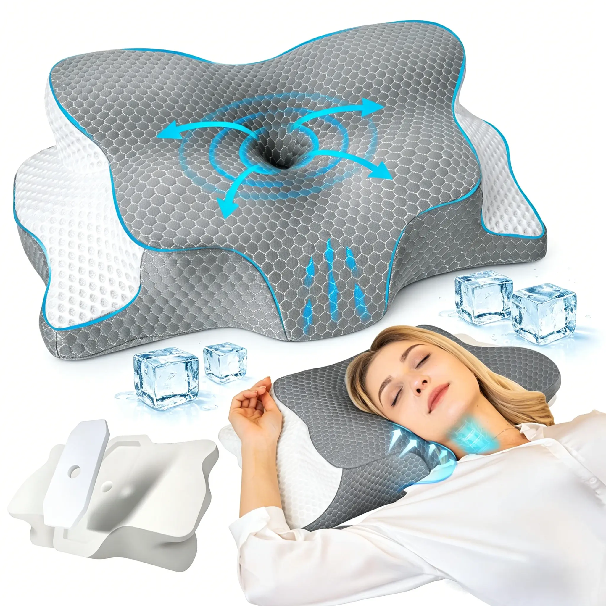 【Back to School】SAHEYER Cervical Pillow, Cooling ice Silk Pillowcase, Ergonomic Supportive Memory Foam, Soft Comfy Bed Pillow for Neck Support,Summer Essentials, Neck Pillows for Side Sleepers,Back,Stomach Sleepers, Summerwins,Summerdeals pillow