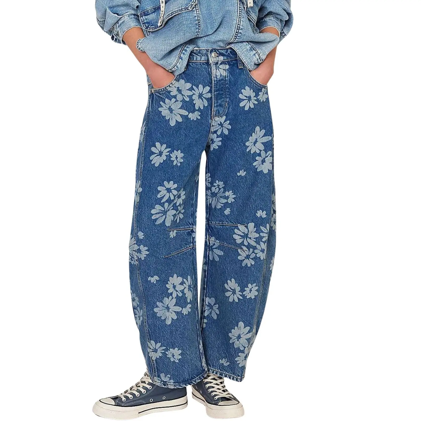 Women's Simple Floral Jeans Y2K Loose Wide-Leg Jeans Boyfriend Style Printed Stitching Jeans,back to school shopping