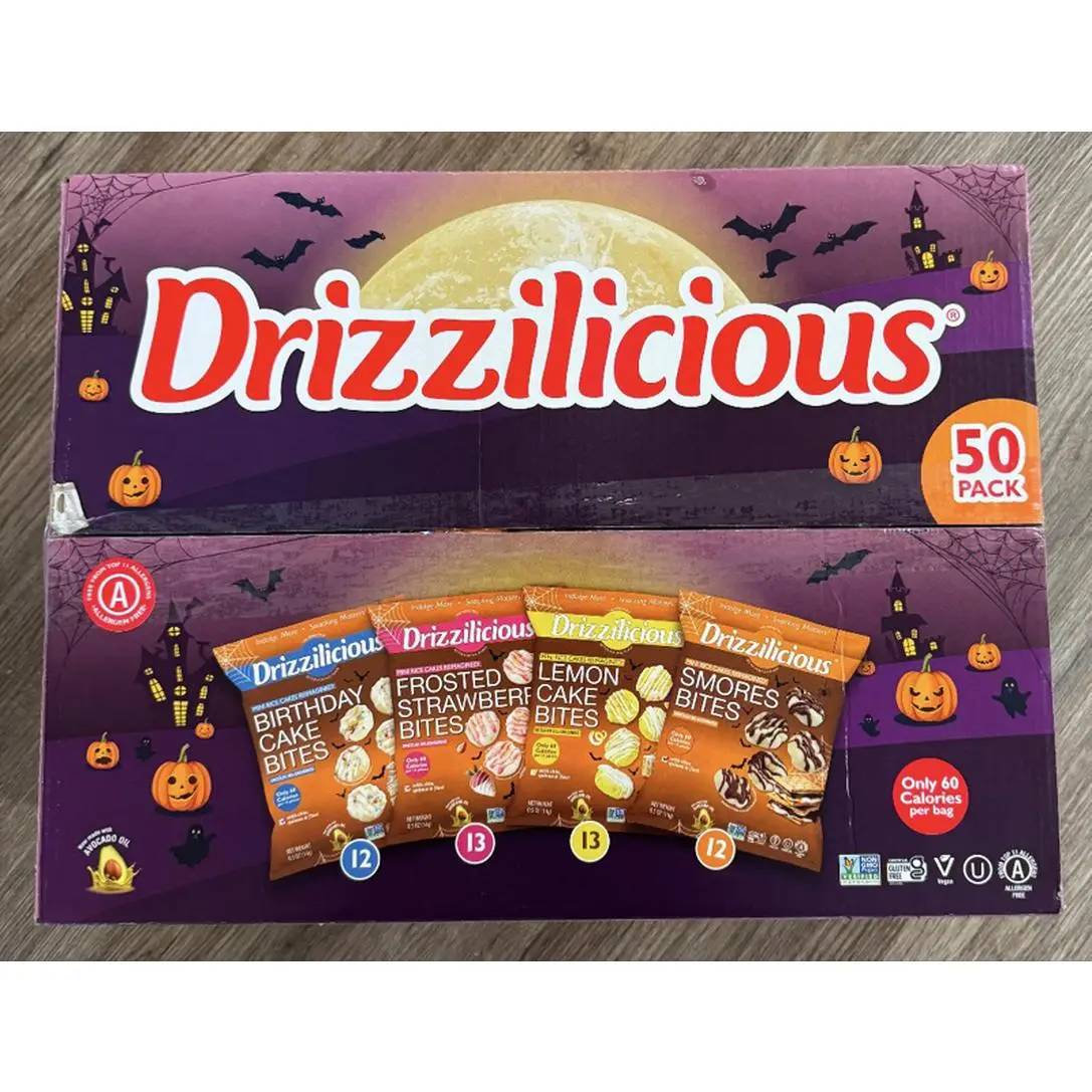 Drizzilicious Mini Rice Cakes Reimagined Variety Pack 50 Pack Birthday Cake Frosted Strawberry Lemon Cake & S'mores Bites