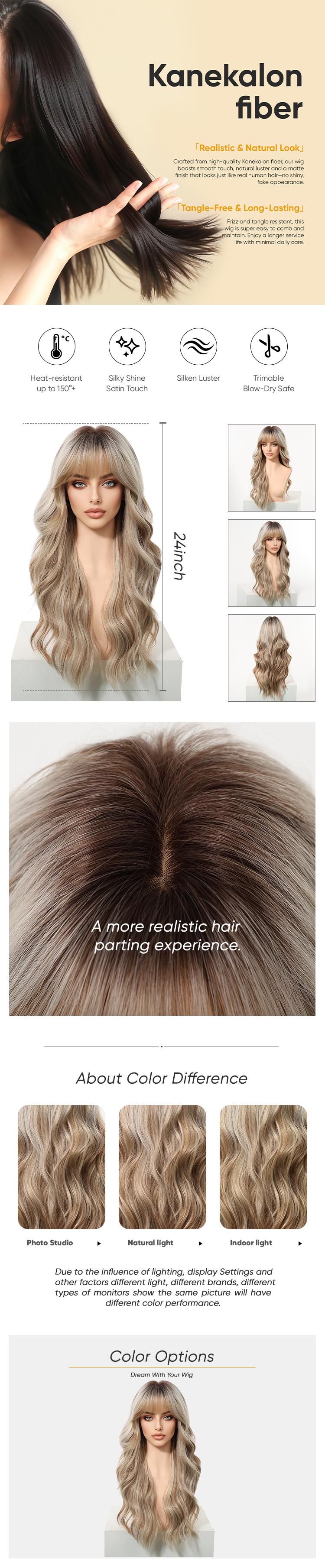 Loni Plus C-DWY New Technology! Bionic Silk Top 24-Inch Long Wave Light Brown Glueless Synthetic Wig with Bangs for Women High-Quality Premium Fiber Easy Wear Comfortable Fit