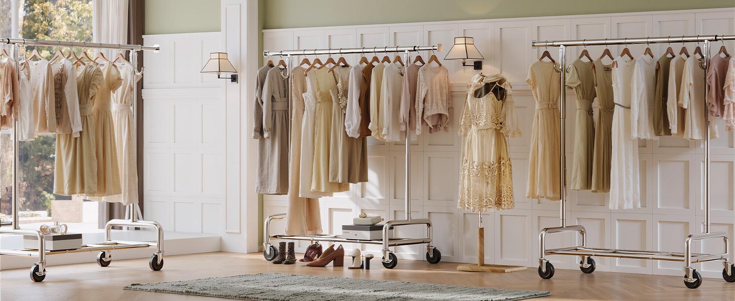 Raybee Clothes Rack for Hanging Clothing with Lockable Wheels , 75" Extendable & Height Adjustable Coat Rack, Heavy Duty Clothes Racks Holds Up to 440LBS, Portable Rolling Garment Rack with 4 Hooks for  Bedroom, Laundry Room, Commercial, Chrome