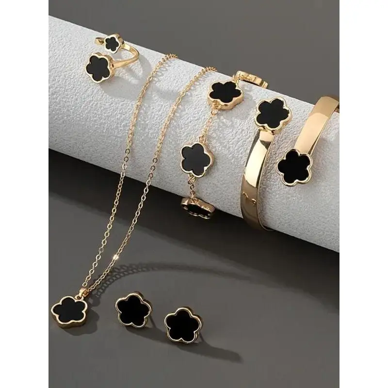 Lucky Flower Design Pendant Jewelry Set, Fashion Necklace & Ring & Bracelet & Earrings, Trendy All-match Exquisite Cute Floral Jewelry Set for Women, Casual Matching Jewelry, Gifts for Her, Women Gifts