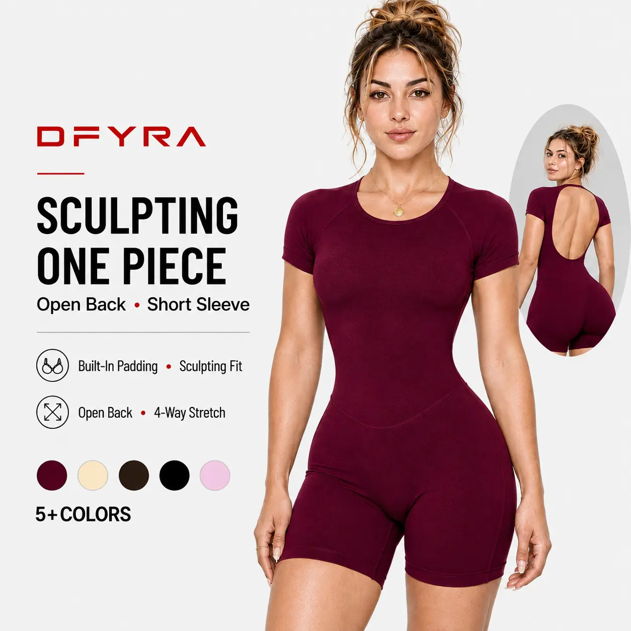 DFYRA Impact Short Sleeve One Piece Bodysuit Women's Seamless Workout Unitard Tummy Control Butt Lifting Short Sleeve Yoga Romper