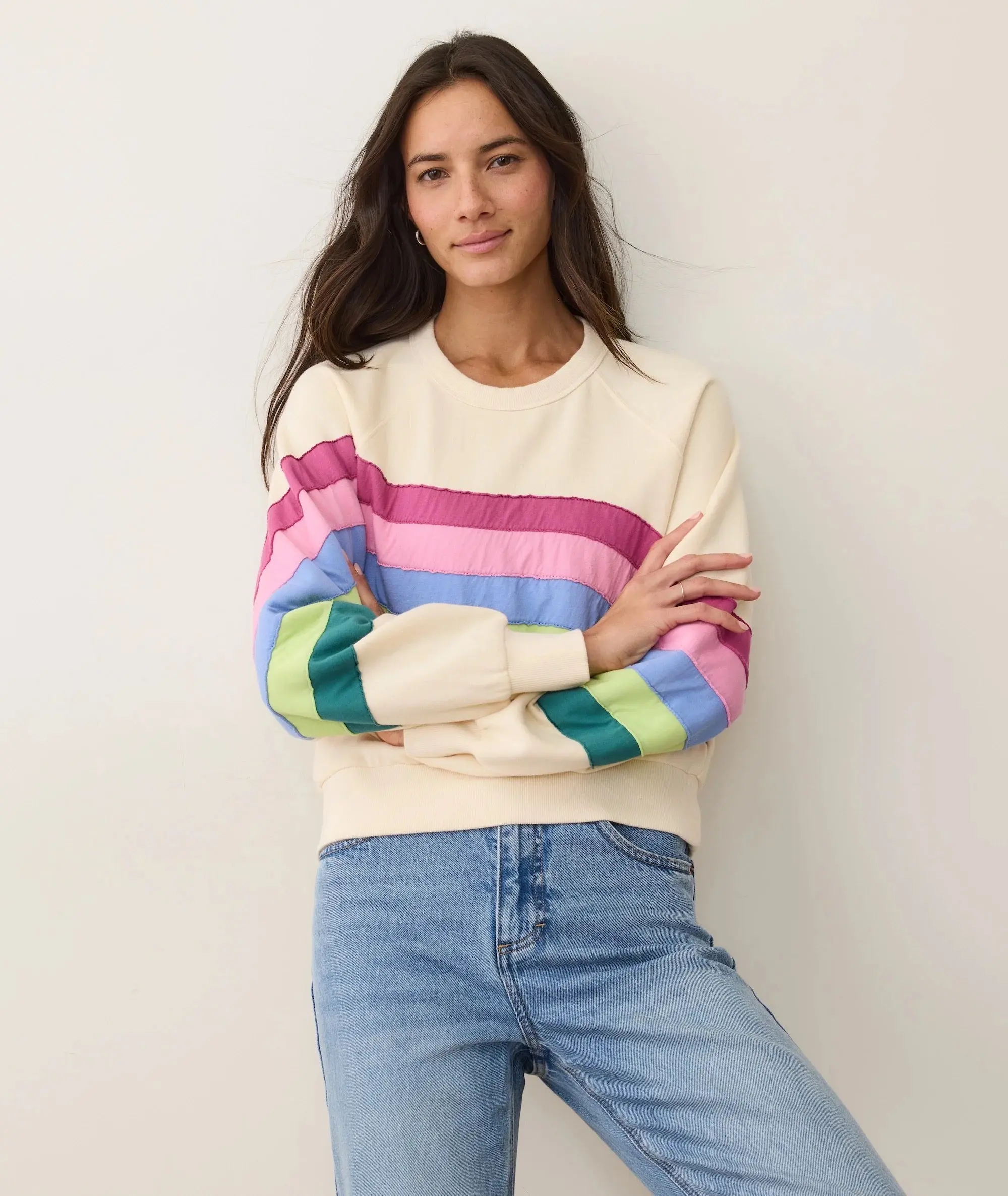 Women's Cloud 9 Cute Colorblock Cool Wave Crewneck Sweatshirt - Fuzzy Polyester-Cotton Fabric, Comfortable Fleece Tops, Stylish Women's Clothes