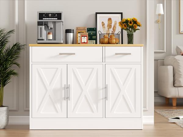 Walsunny Farmhouse Sideboard Buffet Cabinet with Storage with 3 Doors & 2 Drawers, Barn Doors Entryway Buffet Cabinet with Storage, Adjustable Metal Kitchen Cabinet,White