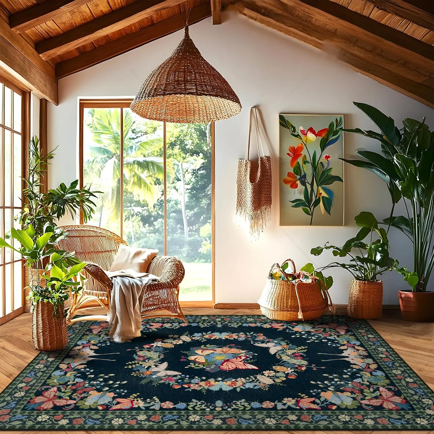 QDUIDU Vintage-Inspired Printed Rectangle Rug, 8x10, High-Quality Butterfly Pattern, Anti-Skid Non-Shedding Soft Durable, Wrinkle & Fade Resistant, Machine Washable Easy Clean, Pet-Friendly for Living Room Backyard High Traffic Areas, Wrinkle Resistant