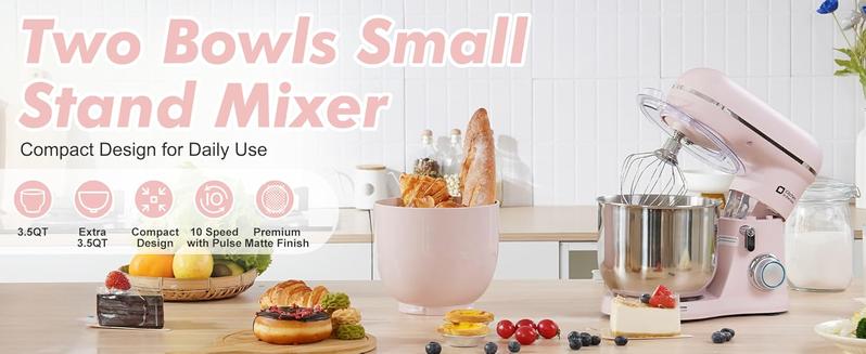 Kitchen in the Box Stand Mixer, 3.5QT Compact Kitchen Electric Mixer with Steal Mixing Bowls, 10-Speed Tilt-Head, Dough Hook, Flat Beater, Whisk – Lightweight, Small Stand Mixer for Baking, Cooking, Daily Use